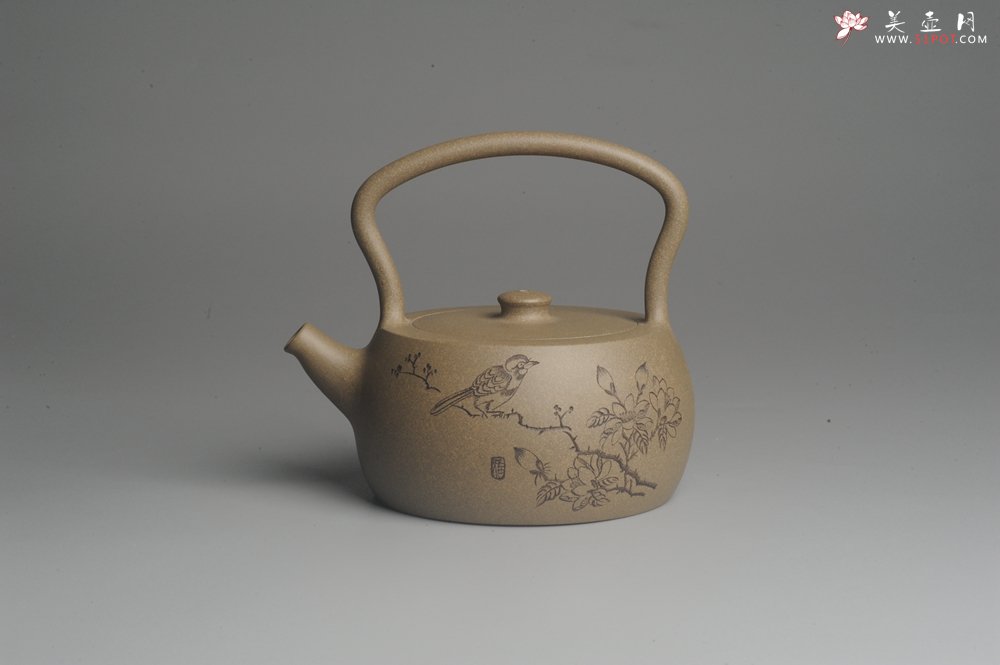 紫砂壶图片：美壶特惠 老青段 助工精工怀古提梁 装饰花鸟 - 美壶网