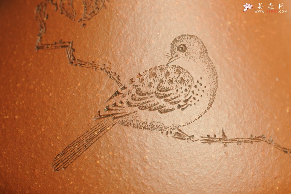 紫砂壶图片：美壶特惠 超精致特好降坡泥小品子冶石瓢 装饰枯枝鸟 特文气 - 美壶网