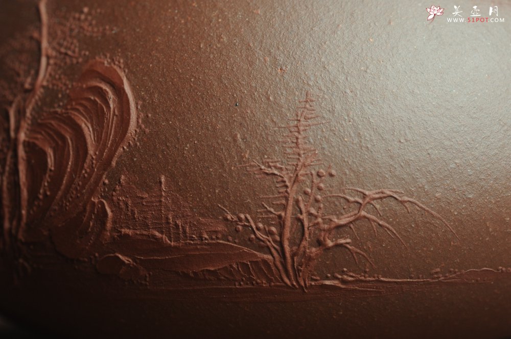 紫砂壶图片：美壶特惠 工料俱佳满瓢（景舟石瓢）泥绘山水 野旷天低树江清月近人 单色泥绘更显功力 - 美壶网