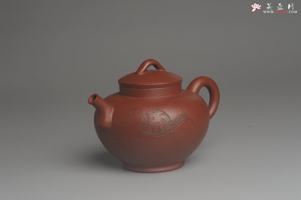 紫砂壶图片：美壶特惠 助工精工降坡泥陶瓮壶 蜗牛特文气 - 美壶网