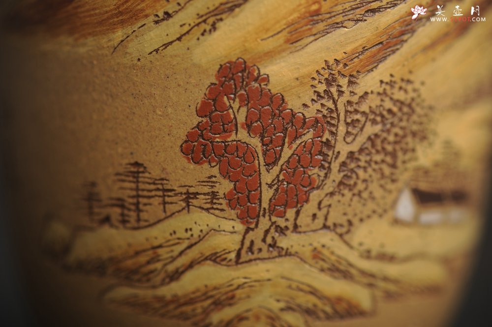 紫砂壶图片：美杯国庆特惠 精品好泥好工好刻雅致泥绘山水主人杯 茶人醉爱 - 美壶网