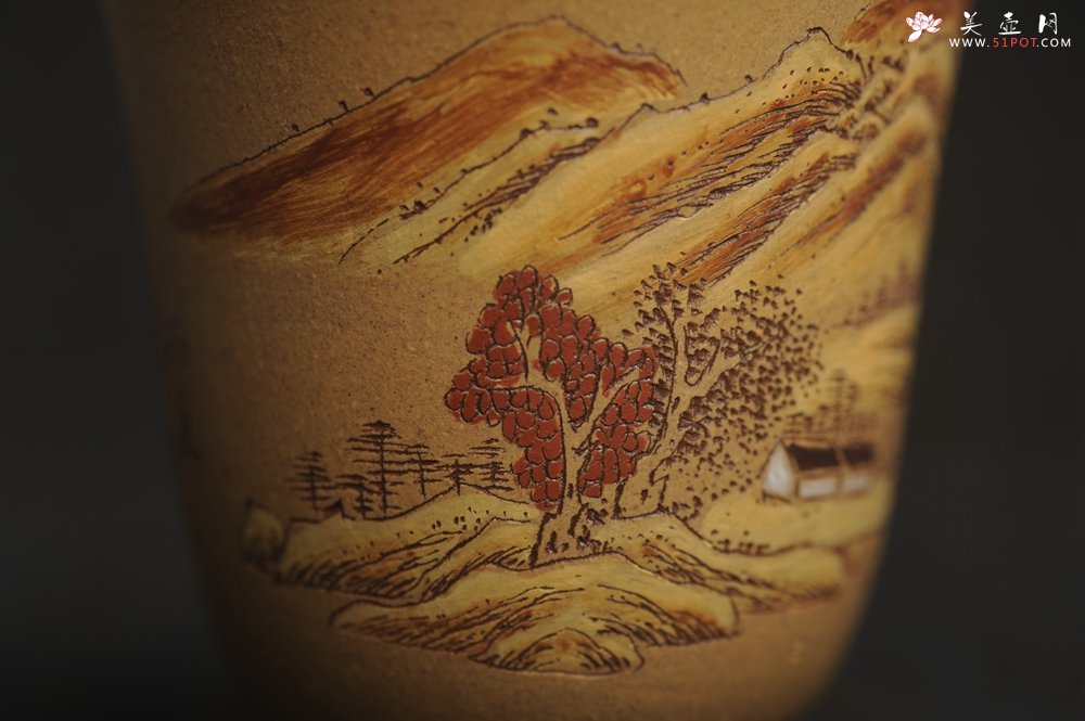 紫砂壶图片：美杯国庆特惠 精品好泥好工好刻雅致泥绘山水主人杯 茶人醉爱 - 美壶网