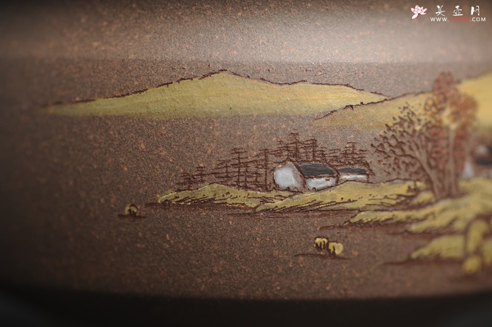 紫砂壶图片：美杯国庆特惠 精品好泥好工好刻雅致厚实泥绘山水主人杯 茶人醉爱 - 美壶网