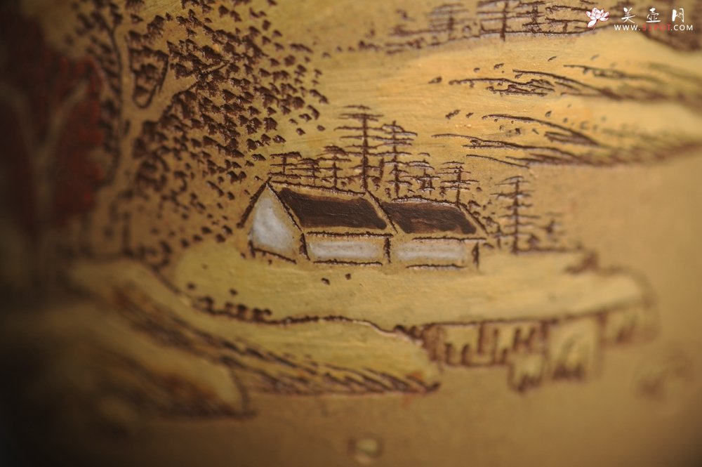 紫砂壶图片：美杯国庆特惠 精品好泥好工好刻雅致泥绘山水主人杯 茶人醉爱 - 美壶网