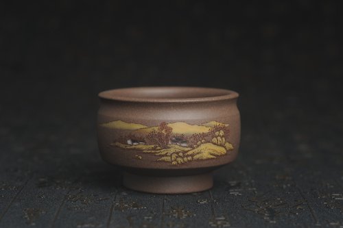 美壶定制紫砂壶 美杯国庆特惠 精品好泥好工好刻雅致厚实泥绘山水主人杯 茶人醉爱 