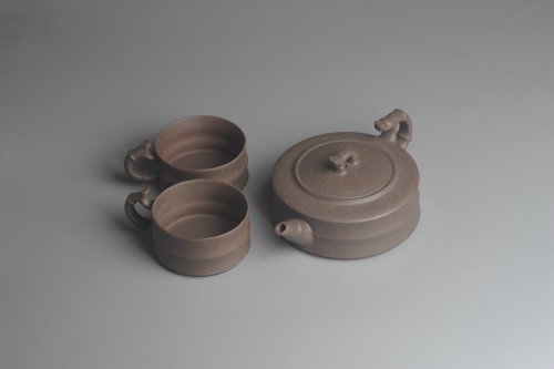 美壶定制紫砂壶 美壶特惠 精致青灰段竹扁套壶 一壶（280ml）二杯（每个100ml） 青灰泥