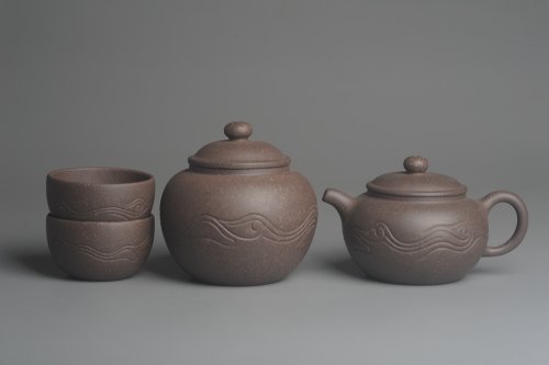 美壶定制紫砂壶 美壶特惠 优质青灰段泥精致行云流水套组 一壶（180cc）二杯一醒茶罐（280cc） 