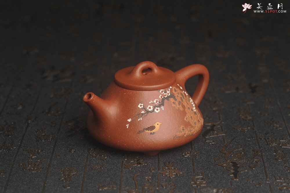紫砂壶图片：美壶特惠 超精致特好降坡泥小品子冶石瓢 泥绘梅花鸟 特文气 - 美壶网