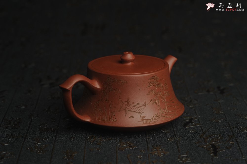 紫砂壶图片：美壶特惠 精致老清水泥通景山水曼生柱础壶 - 美壶网