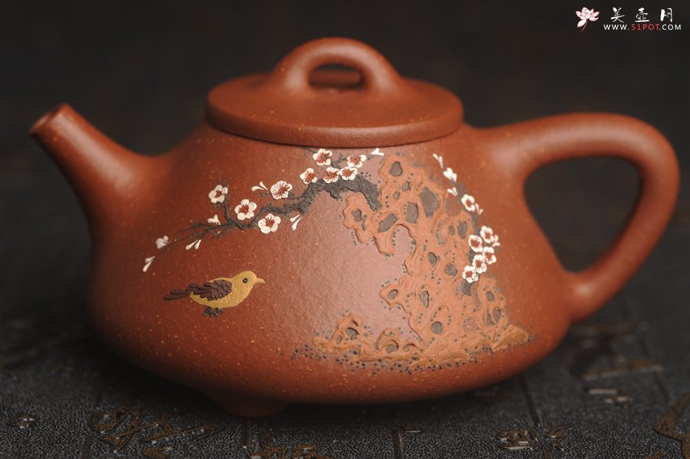 紫砂壶图片：美壶特惠 超精致特好降坡泥小品子冶石瓢 泥绘梅花鸟 特文气 - 美壶网