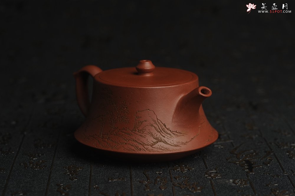 紫砂壶图片：美壶特惠 精致老清水泥通景山水曼生柱础壶 - 美壶网