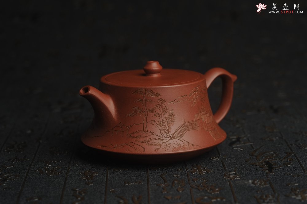 紫砂壶图片：美壶特惠 精致老清水泥通景山水曼生柱础壶 - 美壶网