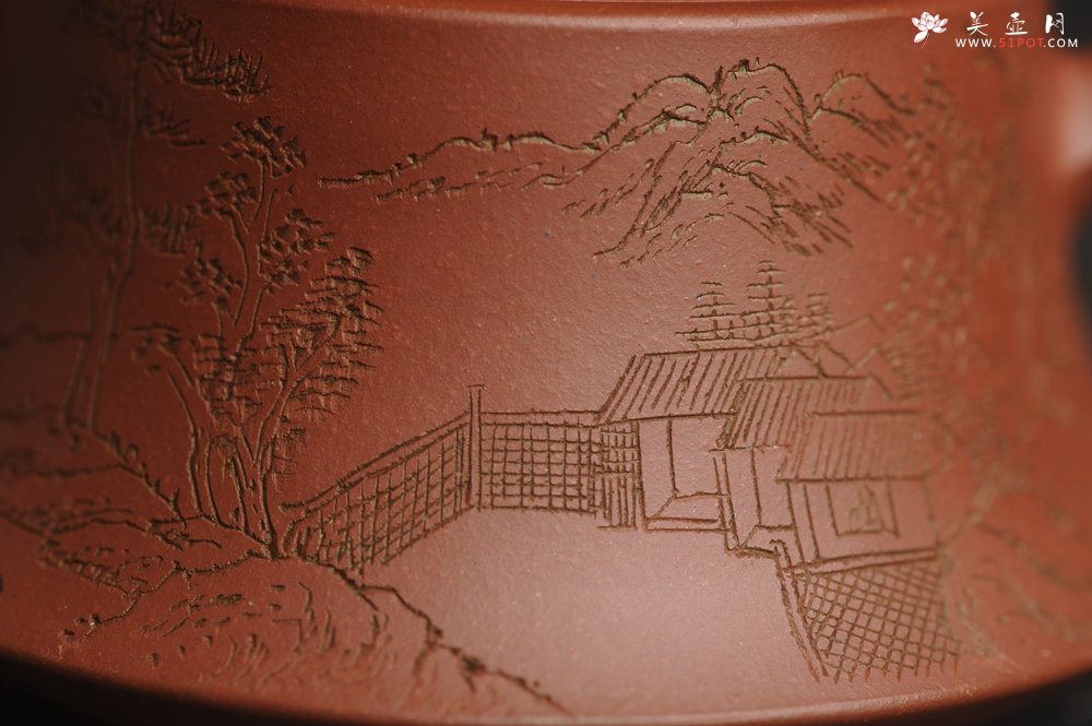 紫砂壶图片：美壶特惠 精致老清水泥通景山水曼生柱础壶 - 美壶网