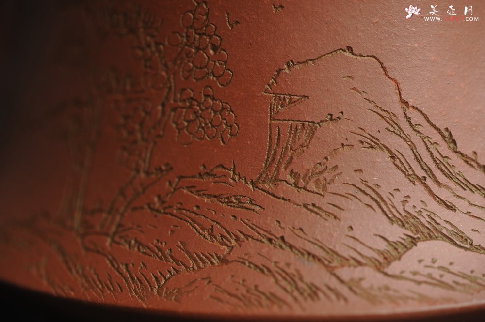 紫砂壶图片：美壶特惠 精致老清水泥通景山水曼生柱础壶 - 美壶网