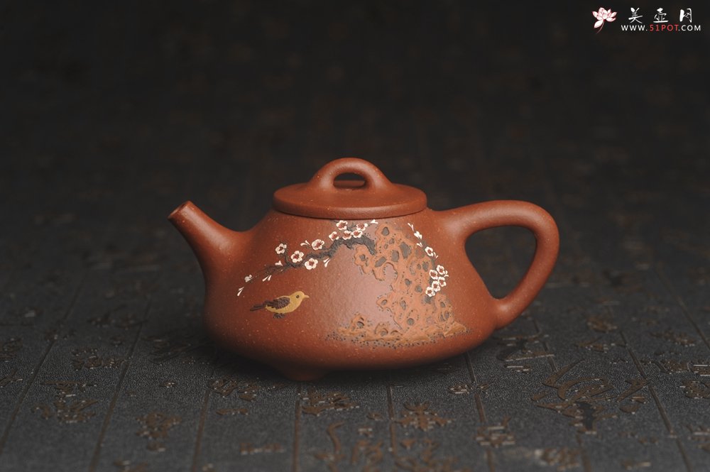 紫砂壶图片：美壶特惠 超精致特好降坡泥小品子冶石瓢 泥绘梅花鸟 特文气 - 美壶网