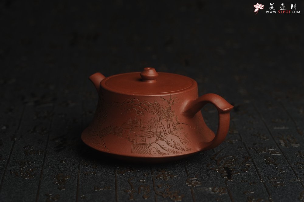 紫砂壶图片：美壶特惠 精致老清水泥通景山水曼生柱础壶 - 美壶网