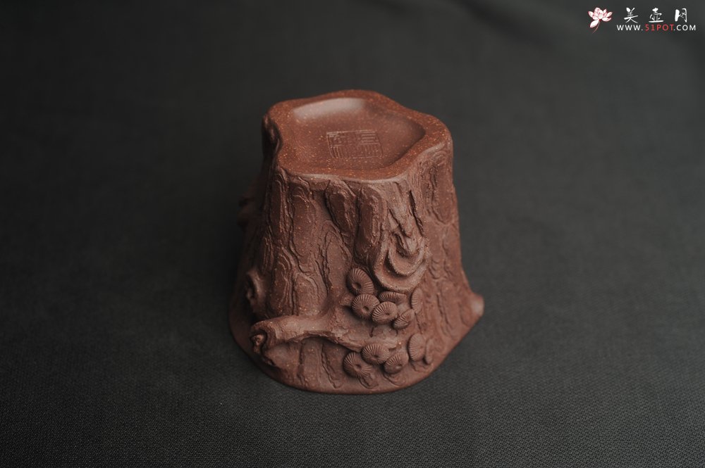 紫砂壶图片：潜力股作品 全手工优质紫泥松桩杯 肌理丰富 全推松皮逼真 枝干生动 - 美壶网