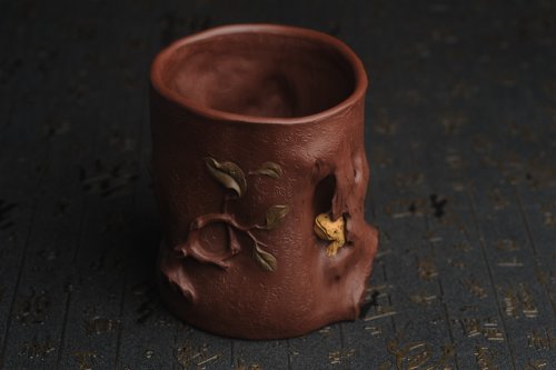 赵老师紫砂壶 美筒特惠 精致全手工紫泥藏蟾笔筒 高12cm直径10cm 贴叶灵动 金蟾生动 原矿紫泥