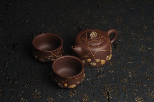 美壶定制紫砂壶 美壶特惠 沈老师年末精工老紫泥冰纹 绞泥紫砂雨花石 井栏套壶 一壶200cc 二杯（每杯88cc） 原矿紫泥