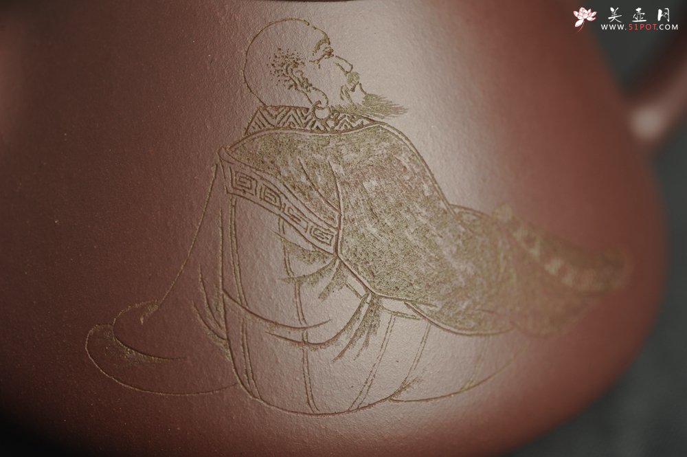 紫砂壶图片：油润底曹青 全手工特好子冶石瓢 装饰人物 特文气 - 美壶网