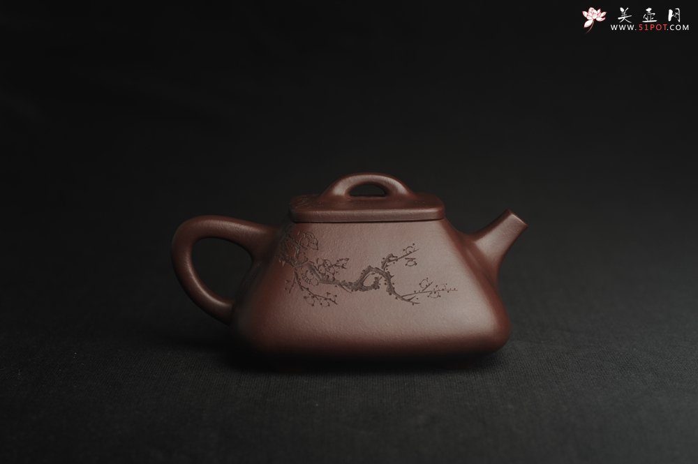 紫砂壶图片：美壶特惠 精致全手工混方石瓢 装饰梅花特文气 - 美壶网