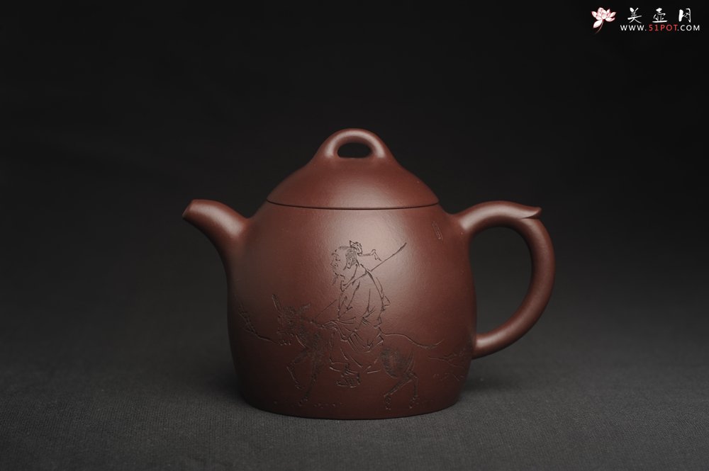 紫砂壶图片：,美壶特惠 超精致老紫泥秦权壶 装饰老子出关图 特文气 不输2000元做工 - 美壶网