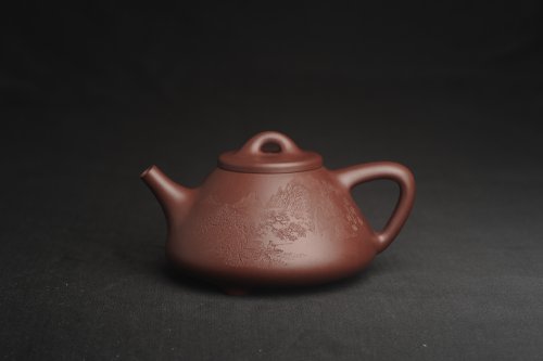 周小培紫砂壶 油润底曹青 全手工特好子冶石瓢 强强联合工艺师刘彦飞装饰山水图 特文气 原矿底槽清