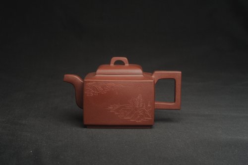 凌晨紫砂壶 全手工优质紫红泥精致亚明四方壶 装饰山水图 特文气 