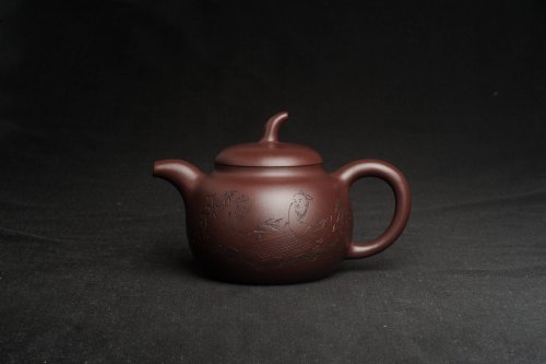 周小培紫砂壶 特油润底曹青 全手工一捺底景舟茄段 装饰人物特文气 期待与亲结缘 原矿底槽清