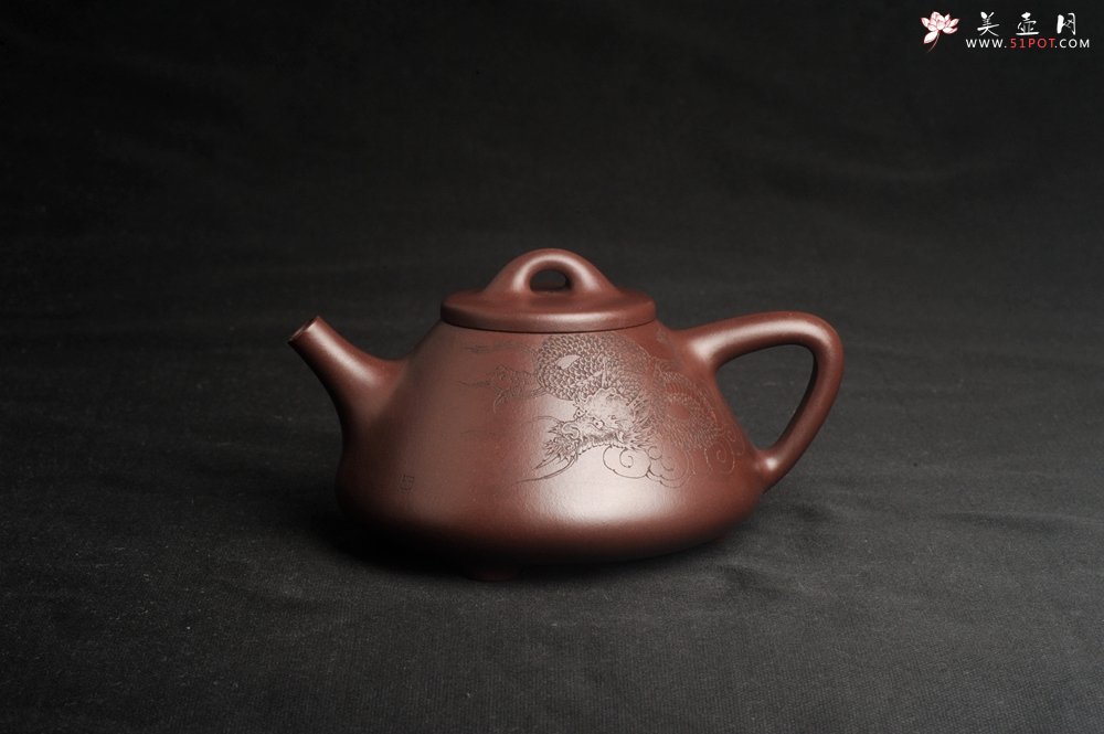 紫砂壶图片：特油润底曹青 全手工子冶石瓢 助工装饰祥龙瑞兽 - 美壶网