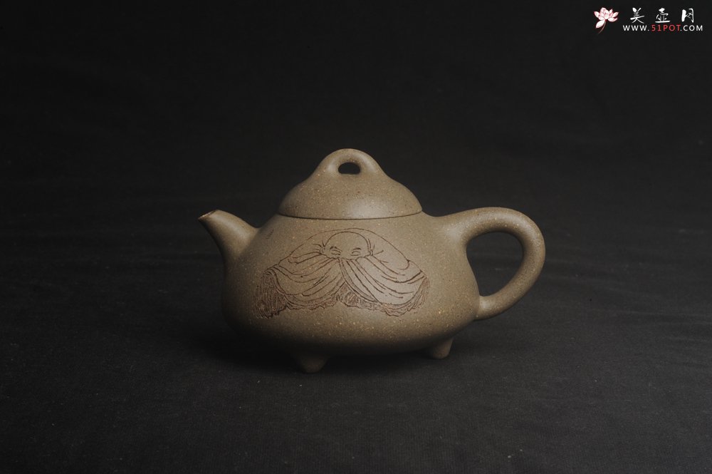 紫砂壶图片：美壶特惠 美壶网特供限量极品高温四号井老青段 精工乳瓢茶壶 装饰人物图 特文气 - 美壶网