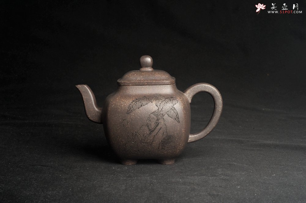 紫砂壶图片：实力派张海艳 全手工油润老青灰段泥重器鸣远四方 气势磅礴 用心之作 装饰人物特文气 - 美壶网