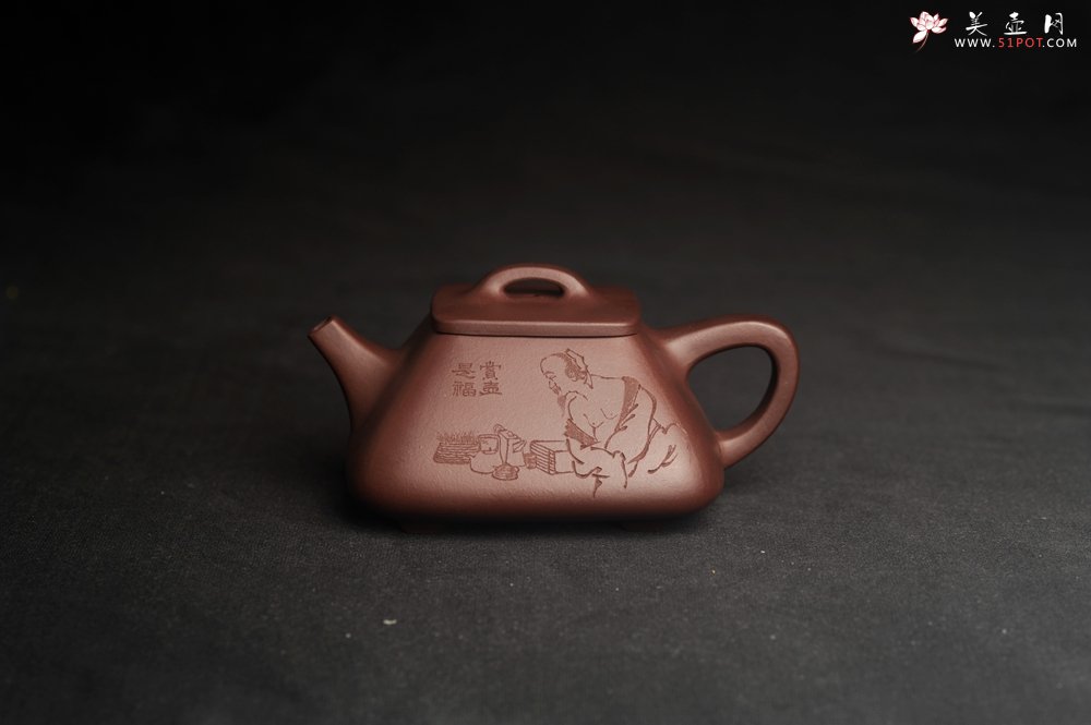 紫砂壶图片：美壶特惠 林旭陶 精致全手工混方石瓢 装饰人物特文气 此是诗仙坡老作 与君同试雨前茶 - 美壶网