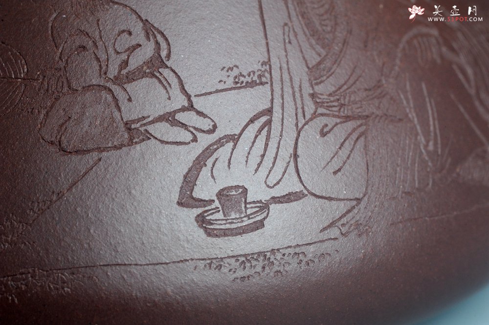 紫砂壶图片：实力派工艺师周斌 优质底槽青全手工精工 子冶石瓢壶 张听钢装饰人物 平生衣食随缘好 过得清闲便是仙 - 美壶网