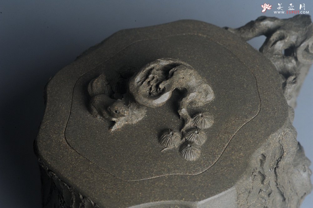 紫砂壶图片：潜力股赵老师 全手工青段松桩壶 松鼠跃然壶盖特有趣 肌理丰富 期待与您结缘 - 美壶网