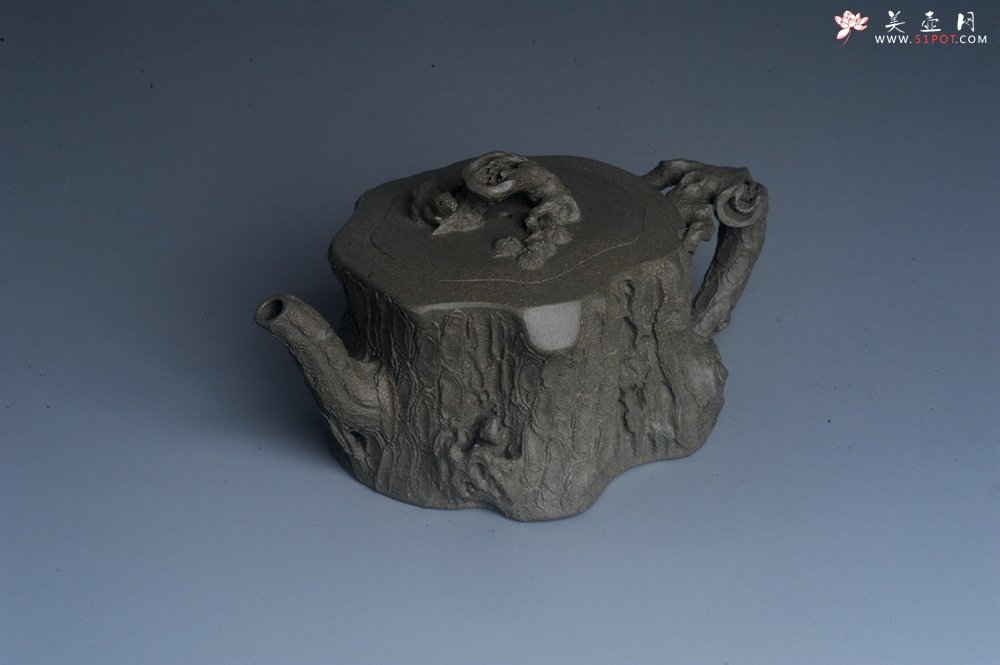 紫砂壶图片：潜力股赵老师 全手工青段松桩壶 松鼠跃然壶盖特有趣 肌理丰富 期待与您结缘 - 美壶网