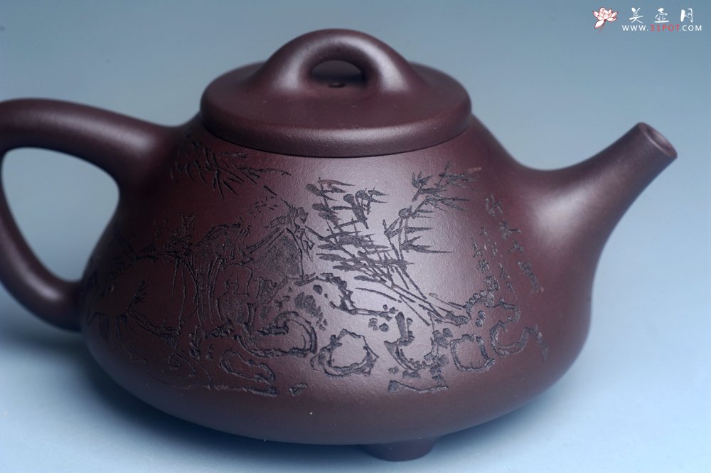 紫砂壶图片：实力派工艺师周斌优质底槽清全手工精工子冶石瓢 装饰竹林七贤 特文气 - 美壶网