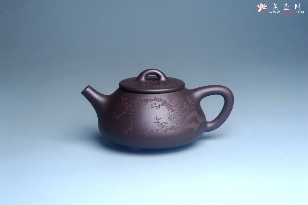 紫砂壶图片：油润底曹青 全手工石瓢壶 装饰喜上眉梢 特文气 - 美壶网