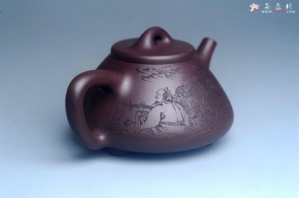 紫砂壶图片：实力派工艺师周斌优质底槽清全手工精工子冶石瓢 装饰竹林七贤 特文气 - 美壶网