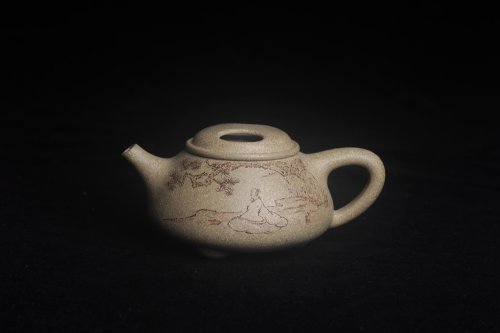 周斌紫砂壶 实力派工艺师文砂苑堂主周斌 特好本山芝麻绿泥全手工牛盖高士壶  行到水穷处 坐看云起时 芝麻段