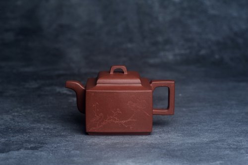 凌晨紫砂壶 全手工优质紫红泥精致亚明四方壶 装饰枯枝鸟图 特文气 原矿紫泥