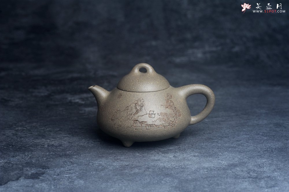 紫砂壶图片：美壶特惠 美壶网特供限量极品高温四号井老青段 精工乳瓢茶壶 装饰人物 特文气 - 美壶网