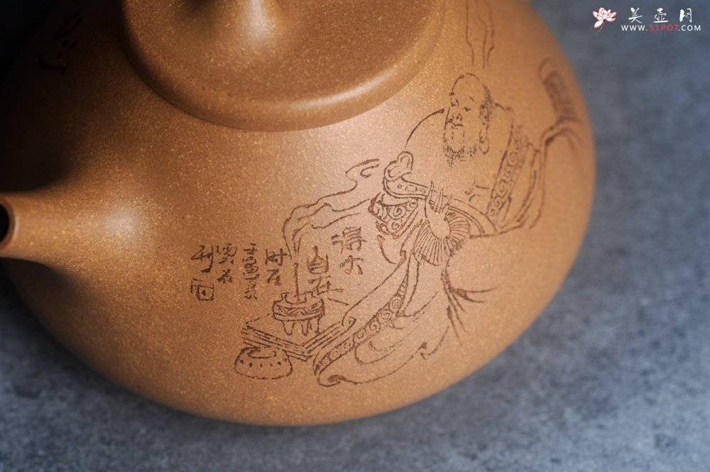 紫砂壶图片：壶特惠 特好老黄段泥精致子冶石瓢壶 装饰人物 妙趣横生  特文气 - 美壶网