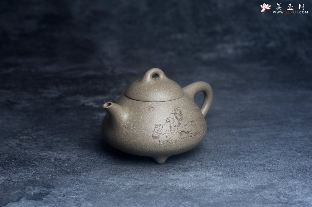 紫砂壶图片：美壶特惠 美壶网特供限量极品高温四号井老青段 精工乳瓢茶壶 装饰人物 特文气 - 美壶网