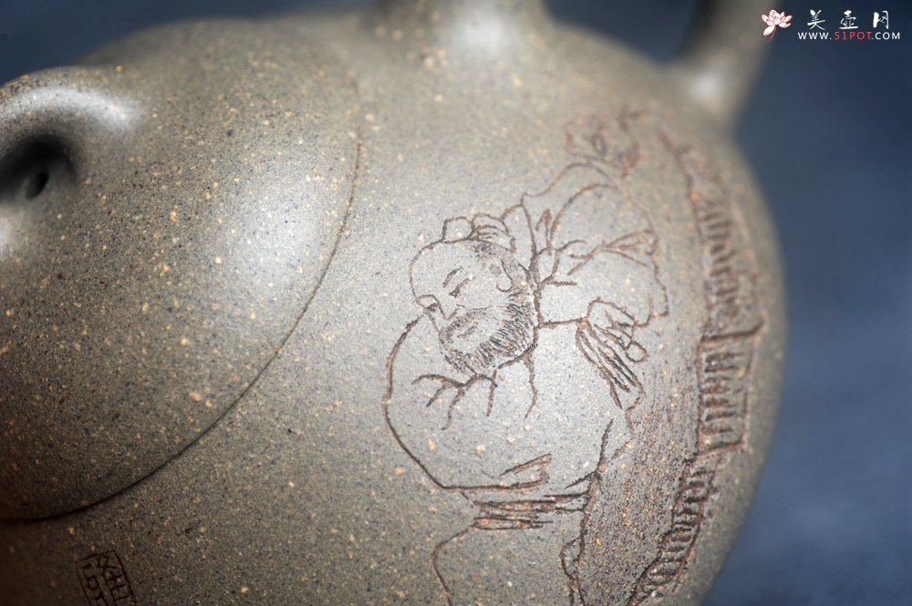 紫砂壶图片：美壶特惠 美壶网特供限量极品高温四号井老青段 精工乳瓢茶壶 装饰人物 特文气 - 美壶网