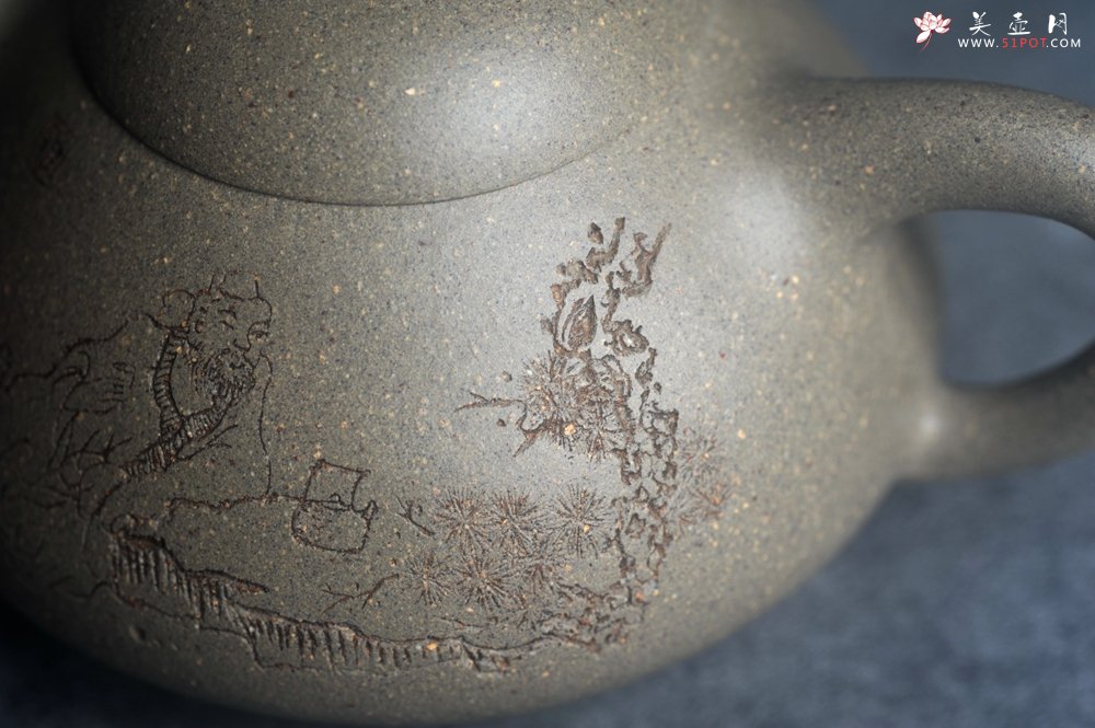 紫砂壶图片：美壶特惠 美壶网特供限量极品高温四号井老青段 精工乳瓢茶壶 装饰人物 特文气 - 美壶网