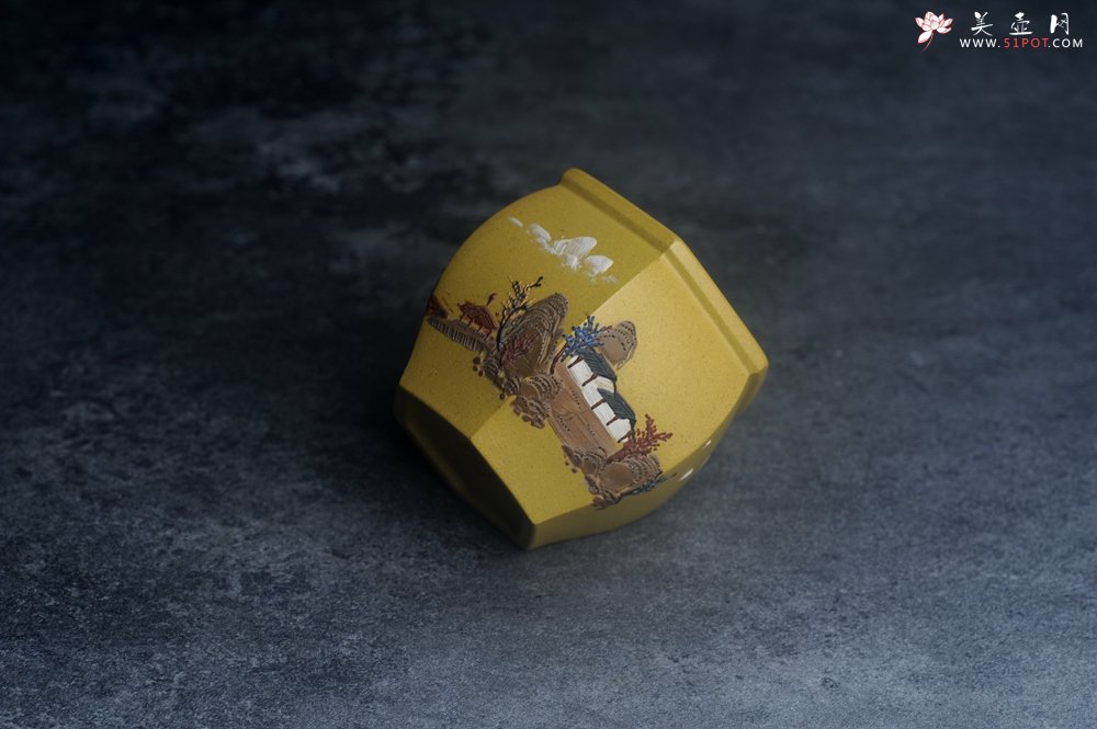 紫砂壶图片：美杯特惠 优质好料黄金段泥好工六方山水主人杯 - 美壶网