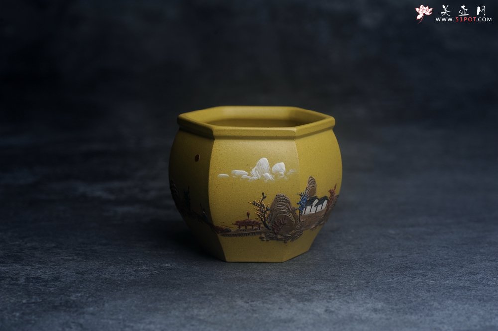 紫砂壶图片：美杯特惠 优质好料黄金段泥好工六方山水主人杯 - 美壶网