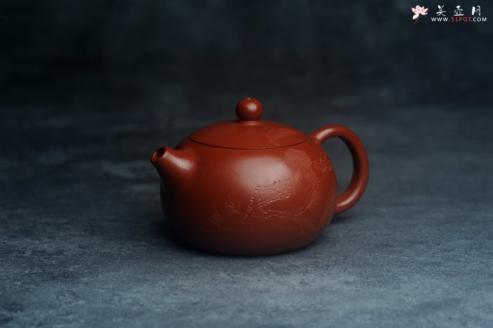 紫砂壶图片：美壶特惠紫砂壶优质朱泥扁西施壶 装饰松针松鼠 秋韵图 - 美壶网