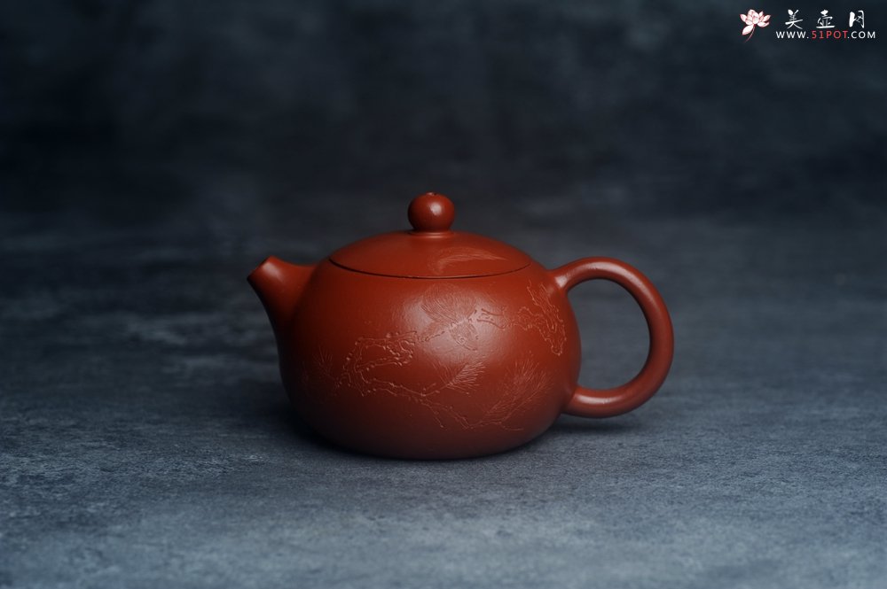 紫砂壶图片：美壶特惠紫砂壶优质朱泥扁西施壶 装饰松针松鼠 秋韵图 - 美壶网